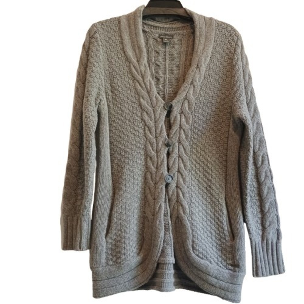 Eddie Bauer Women's Gray Cable Knit Shawl Collar Cardigan Sweater Size M‎
